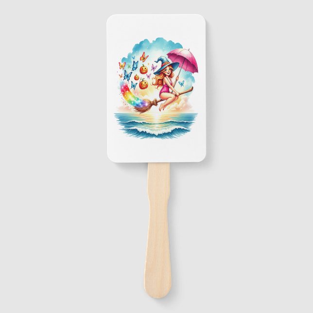 Halloween Mermaid Witch on Broom Hand Fan (Front)