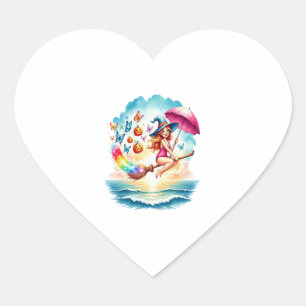 Halloween Mermaid Witch on Broom Heart Sticker