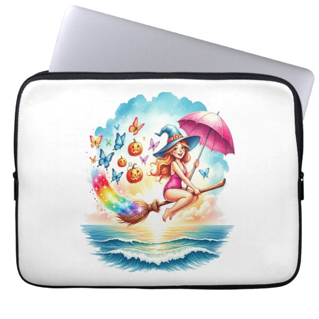 Halloween Mermaid Witch on Broom Laptop Sleeve (Front)