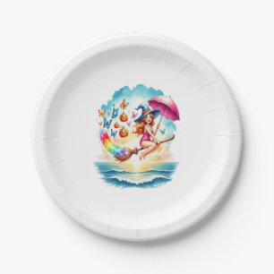 Halloween Mermaid Witch on Broom Paper Plate