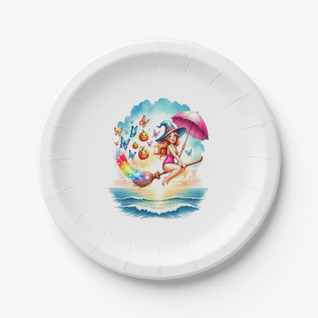 Halloween Mermaid Witch on Broom Paper Plate (Front)