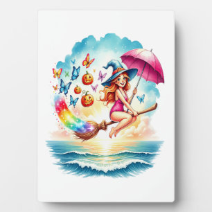Halloween Mermaid Witch on Broom Plaque