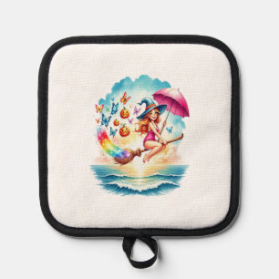 Halloween Mermaid Witch on Broom Pot Holder