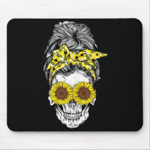 Halloween Messy Bun Hair Skull Sunflower Floral Mouse Pad
