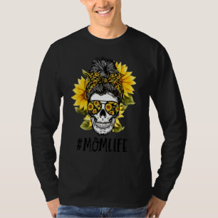 Halloween Messy Bun Hair Skull Sunflower Mum Life T-Shirt