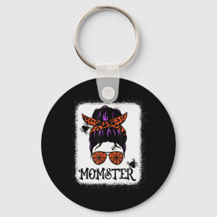 Halloween Messy Bun Leopard Pumpkin Momster Key Ring