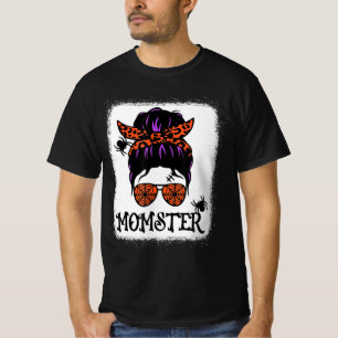 Halloween Messy Bun Leopard Pumpkin Momster T-Shirt