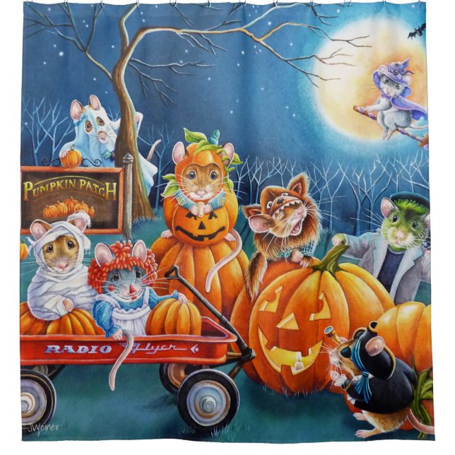 Halloween Mice in Pumpkin Patch Watercolor Art Shower Curtain (Front)