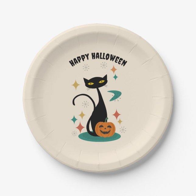 Halloween Mid Century Black Cat Paper Plate (Front)