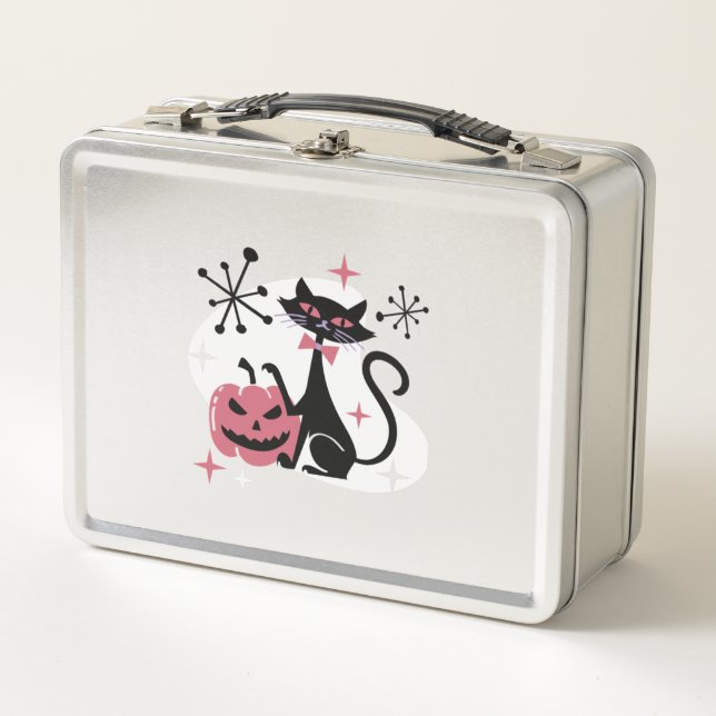 Halloween Mid Century Retro Black Cat   Metal Lunch Box (Front)