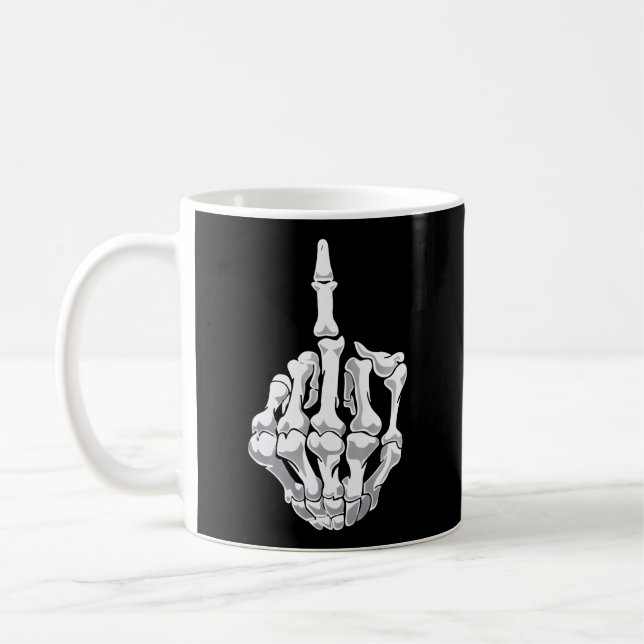 Halloween Middle Finger Skeleton Hand Skull Coffee Mug (Left)