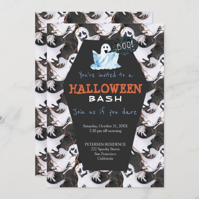 Halloween modern black and white ghosts party invitation (Front/Back)