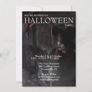Halloween Modern Gothic Witch Broom Dark Photo Invitation
