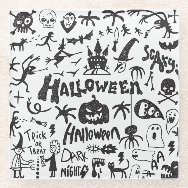 Halloween Monster Doodles Fun Glass Coaster (Front)