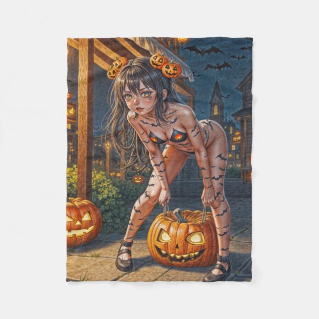 Halloween Monster Jack-o-Lantern & Bat Vixen Girl Fleece Blanket (Front)