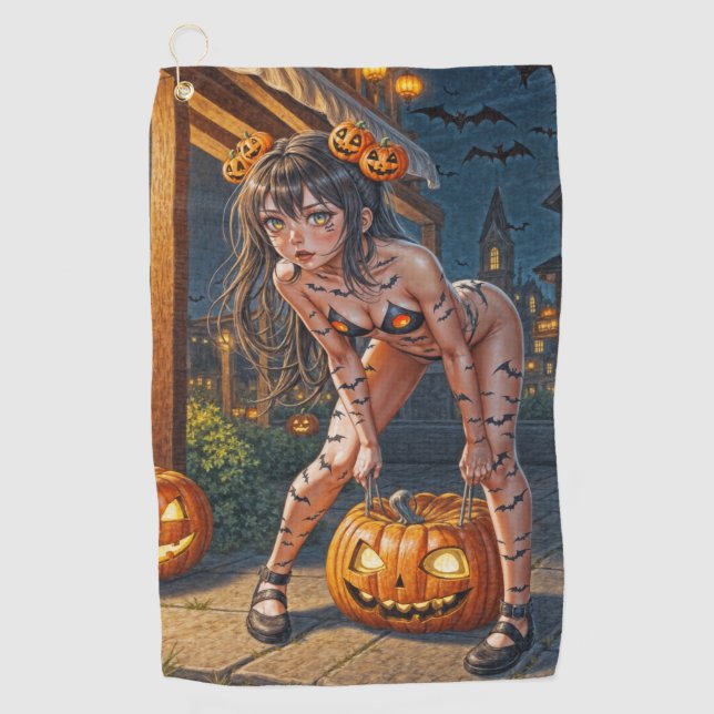 Halloween Monster Jack-o-Lantern & Bat Vixen Girl Golf Towel (Front)