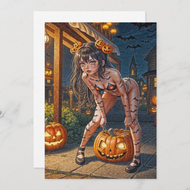 Halloween Monster Jack-o-Lantern & Bat Vixen Girl Invitation (Front/Back)