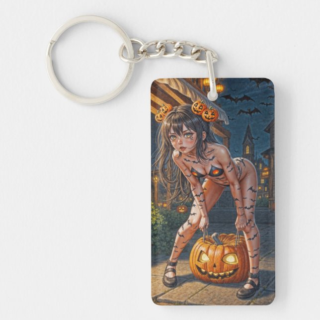 Halloween Monster Jack-o-Lantern & Bat Vixen Girl Key Ring (Front)