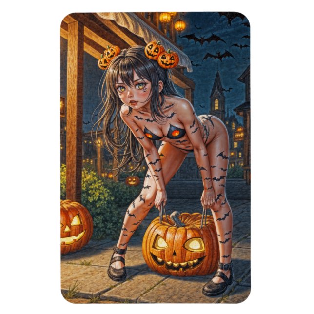 Halloween Monster Jack-o-Lantern & Bat Vixen Girl Magnet (Vertical)
