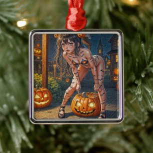 Halloween Monster Jack-o-Lantern & Bat Vixen Girl Metal Ornament