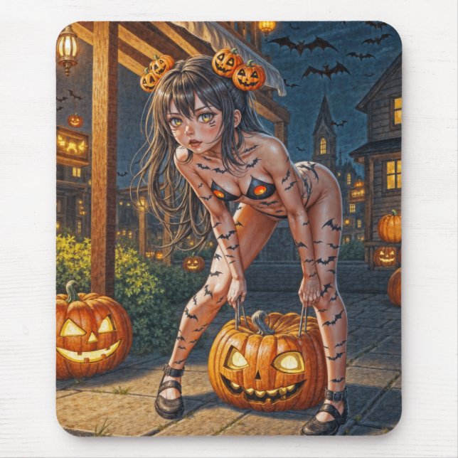 Halloween Monster Jack-o-Lantern & Bat Vixen Girl Mouse Pad (Front)