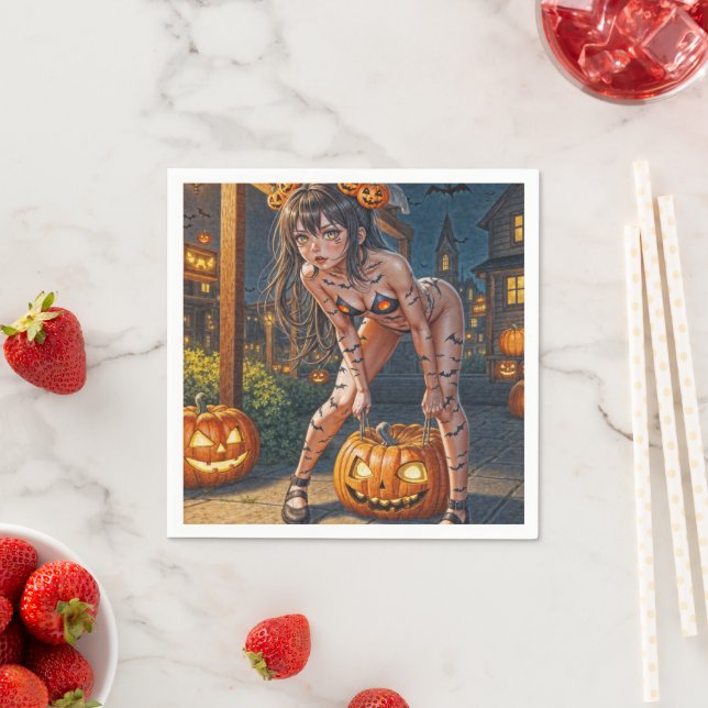 Halloween Monster Jack-o-Lantern & Bat Vixen Girl Napkin (Insitu)