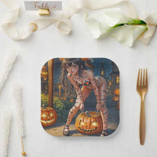 Halloween Monster Jack-o-Lantern & Bat Vixen Girl Paper Plate
