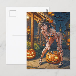 Halloween Monster Jack-o-Lantern & Bat Vixen Girl Postcard