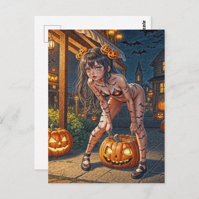 Halloween Monster Jack-o-Lantern & Bat Vixen Girl Postcard (Front/Back)