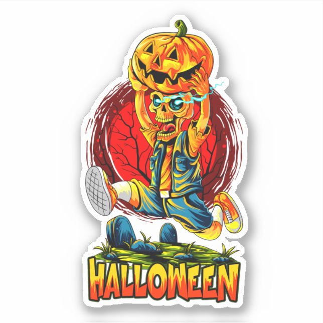 Halloween Monster Zombie Running Pumpkin Sticker (Front)