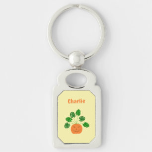 Halloween Monstera Plant in Pumpkin Custom Name Key Ring