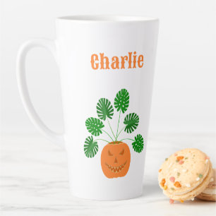 Halloween Monstera Plant in Pumpkin Custom Name Latte Mug