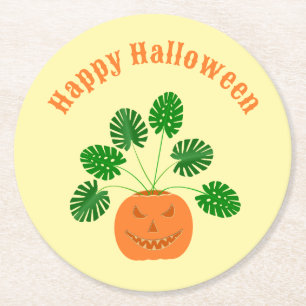 Halloween Monstera Plant in Pumpkin Custom Round Paper Coaster
