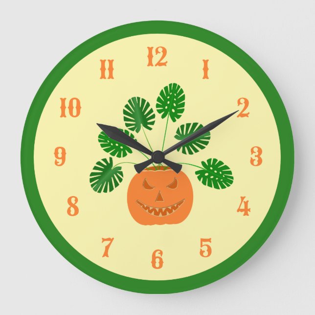 Halloween Monstera Plant in Pumpkin Large Clock (Front)