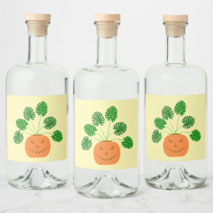 Halloween Monstera Plant in Pumpkin Liquor Bottle Label