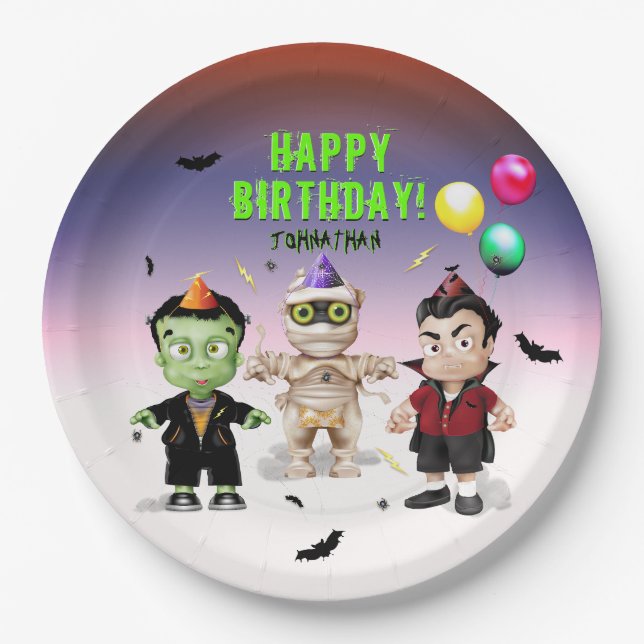 Halloween Monsters Birthday Party Paper Plate (Front)