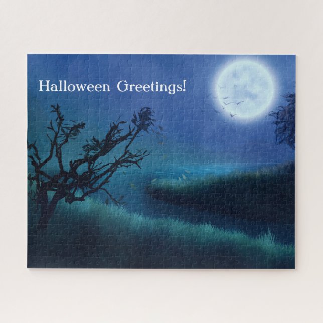 Halloween Moon at Night in Shades of Blue & Green Jigsaw Puzzle (Horizontal)