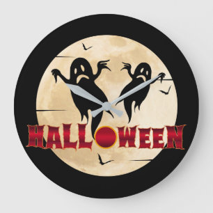 Halloween Moon Silhouette Ghosts Bats Large Clock
