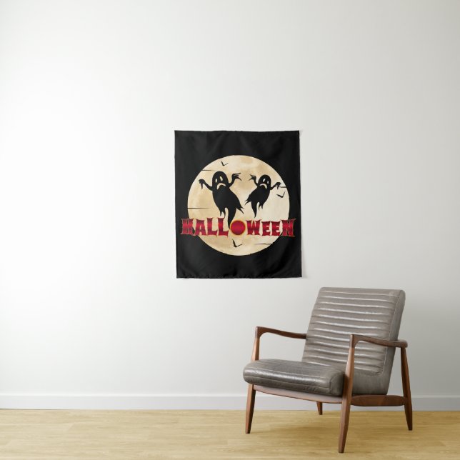 Halloween Moon Silhouette Ghosts Bats Tapestry (In Situ)