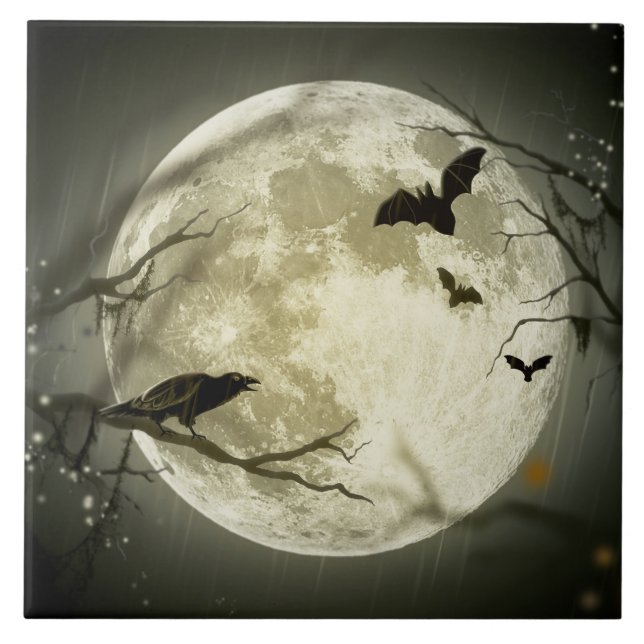 Halloween Moon Spooky Crows Ceramic Tile (Front)