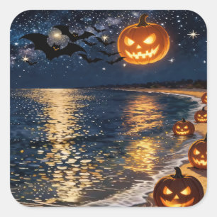 Halloween Moonlight Beach Square Sticker