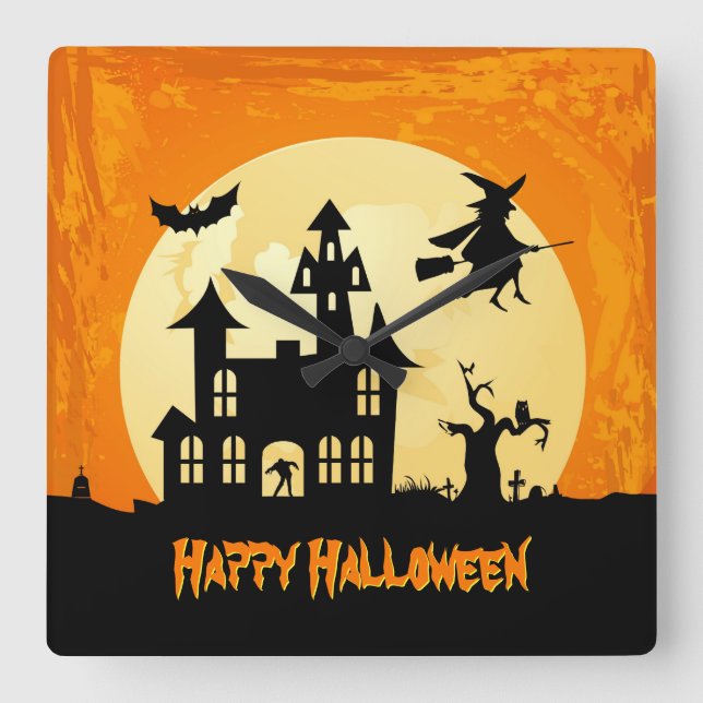 Halloween Moonlight Haunted House in Graveyard Square Wall Clock (Front)