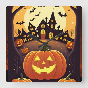 Halloween Moonlight Haunted House Square Wall Clock