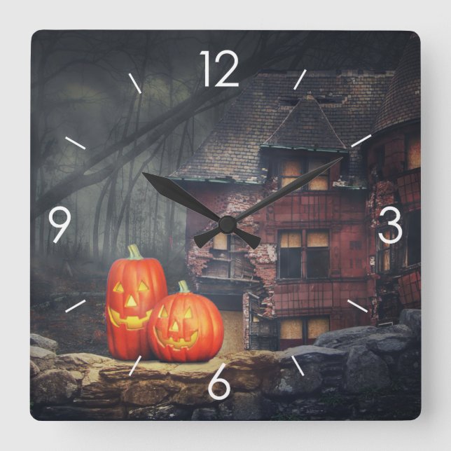 Halloween Moonlight Haunted House Square Wall Clock (Front)