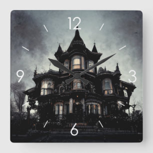 Halloween Moonlight Haunted House Square Wall Clock