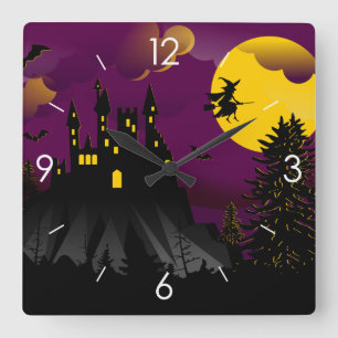 Halloween Moonlight Haunted House Square Wall Clock