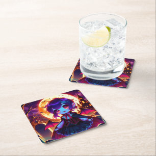 Halloween - Moonlit chibi vampire Square Paper Coaster