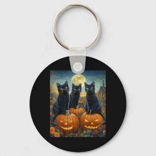 Halloween Moonlit Pumpkin Patch Black Cats Key Ring