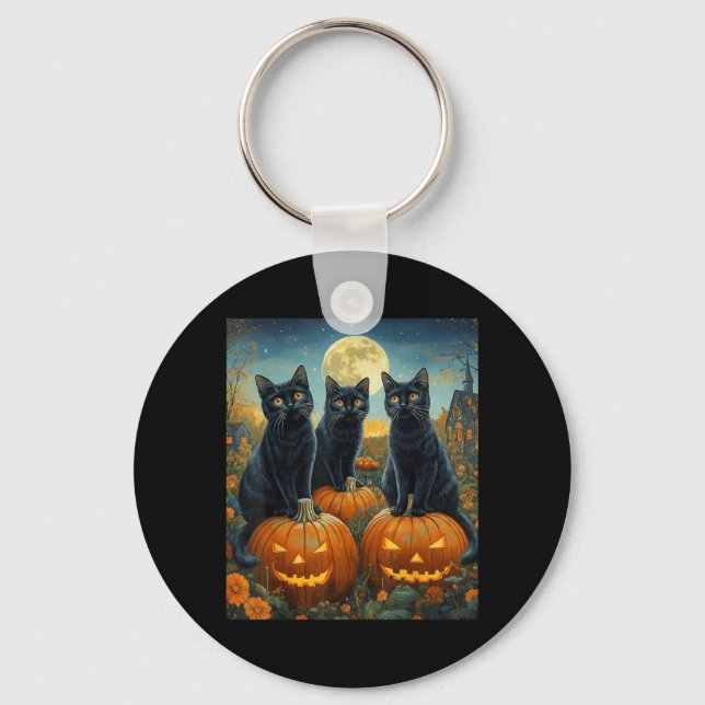 Halloween Moonlit Pumpkin Patch Black Cats Key Ring (Front)