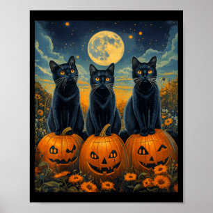 Halloween Moonlit Pumpkin Patch Black Cats Poster